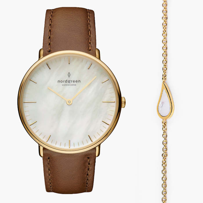 Native & Megara Bracelet SET - Mother of Pearl Dial & Brown Leather Strap