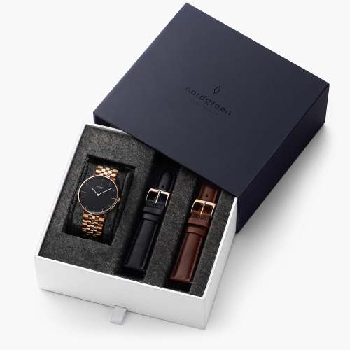 Native - BUNDLE Black Dial Rose Gold | Rose Gold 5-Link / Black / Brown Leather Strap