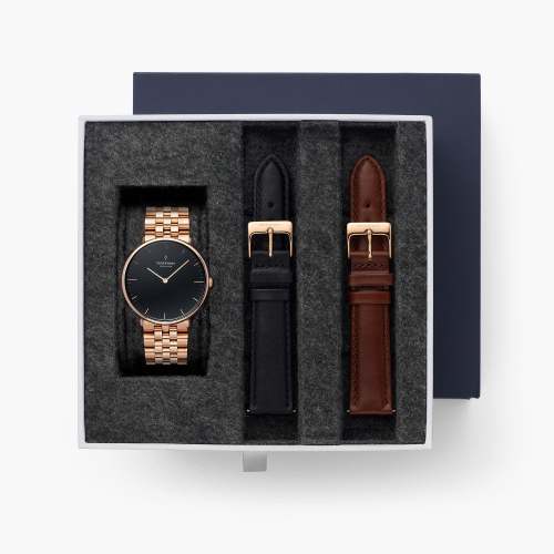 Native - BUNDLE Black Dial Rose Gold | Rose Gold 5-Link / Black / Brown Leather Strap