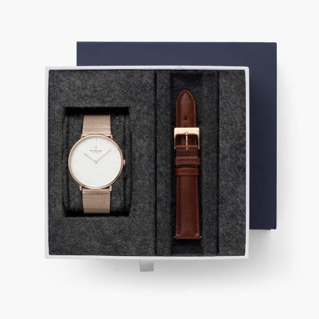 Native - BUNDLE White Dial Rose Gold | Mesh / Brown Leather Strap