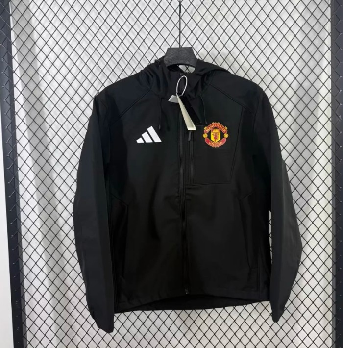Manchester United 2025 Winter Fleece-Lined Hooded Jacket, Windproof Waterproof Hiking Coat