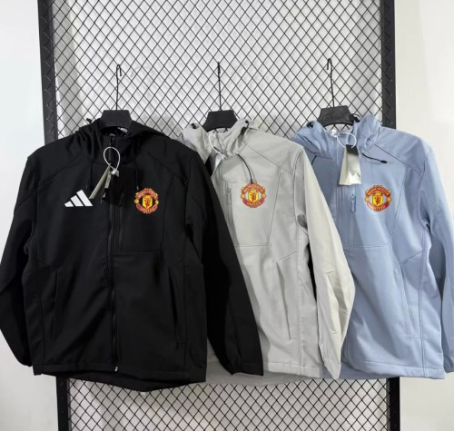 Manchester United 2025 Winter Fleece-Lined Hooded Jacket, Windproof Waterproof Hiking Coat