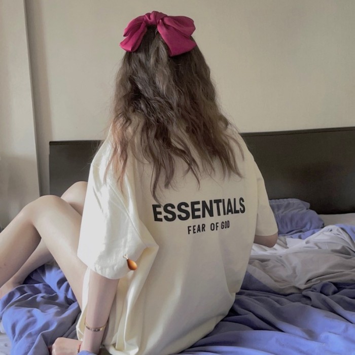 ESSENTIALS letter back stereo silicone short-sleeved T-shirt, black, white, beige, charcoal ash, 4 colors, S-XL.