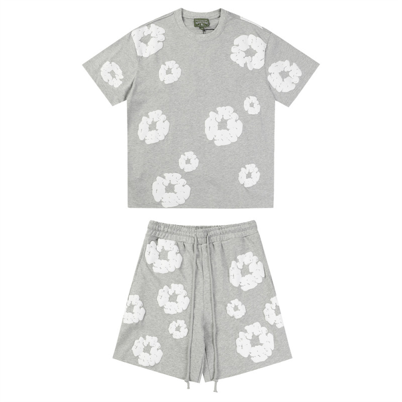Men Women Two Piece Suit Set Sweatshirt Pullover Sweatwear Short Sleeved T-Shirt Jacquard Fabric Cotton shorts Suit