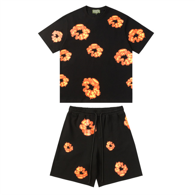 Men Women Two Piece Suit Set Sweatshirt Pullover Sweatwear Short Sleeved T-Shirt Jacquard Fabric Cotton shorts Suit