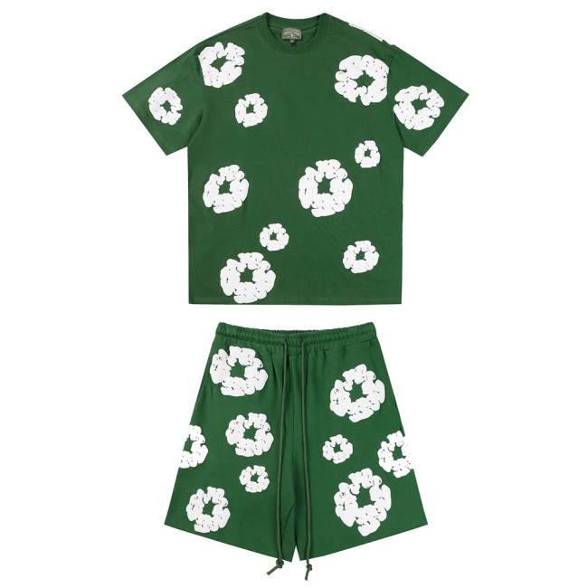 Men Women Two Piece Suit Set Sweatshirt Pullover Sweatwear Short Sleeved T-Shirt Jacquard Fabric Cotton shorts Suit