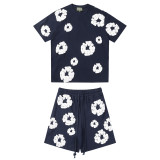 Men Women Two Piece Suit Set Sweatshirt Pullover Sweatwear Short Sleeved T-Shirt Jacquard Fabric Cotton shorts Suit