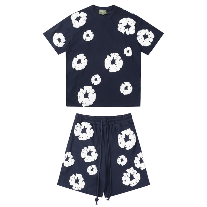 Men Women Two Piece Suit Set Sweatshirt Pullover Sweatwear Short Sleeved T-Shirt Jacquard Fabric Cotton shorts Suit