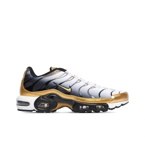Air Max Plus Low-Top Running Shoes, White/Black/Gold (Unisex, Sizes 36–49)