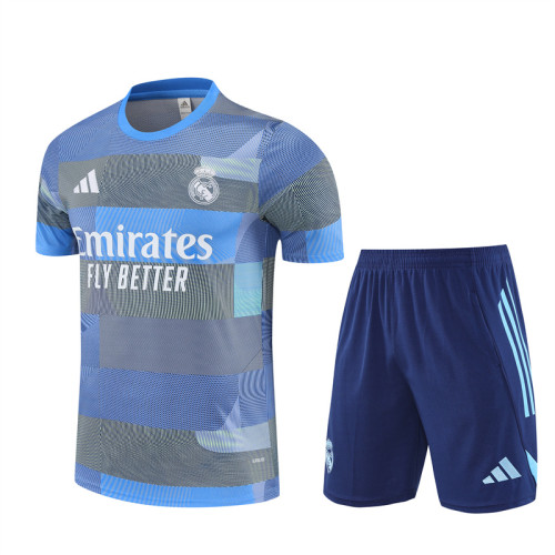 25/26 Real Madrid Short sleeve Adult training suit Grey blue
