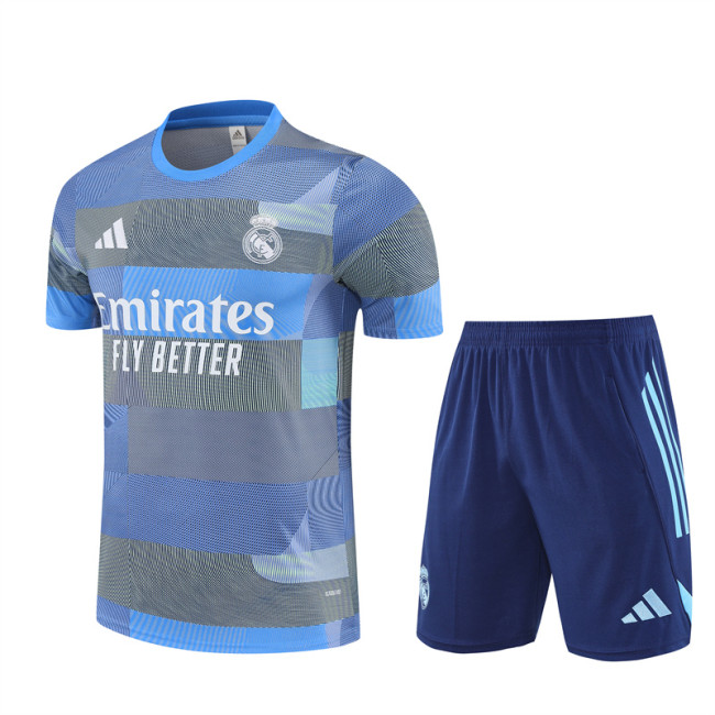 25/26 Real Madrid Short sleeve Adult training suit Grey blue