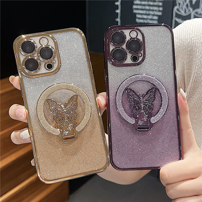 For iPhone 17 Air 17 16 Pro Max 15 14 13 12 11 XR XS Phone Cover Gradient Glitter Butterfly Bracket 