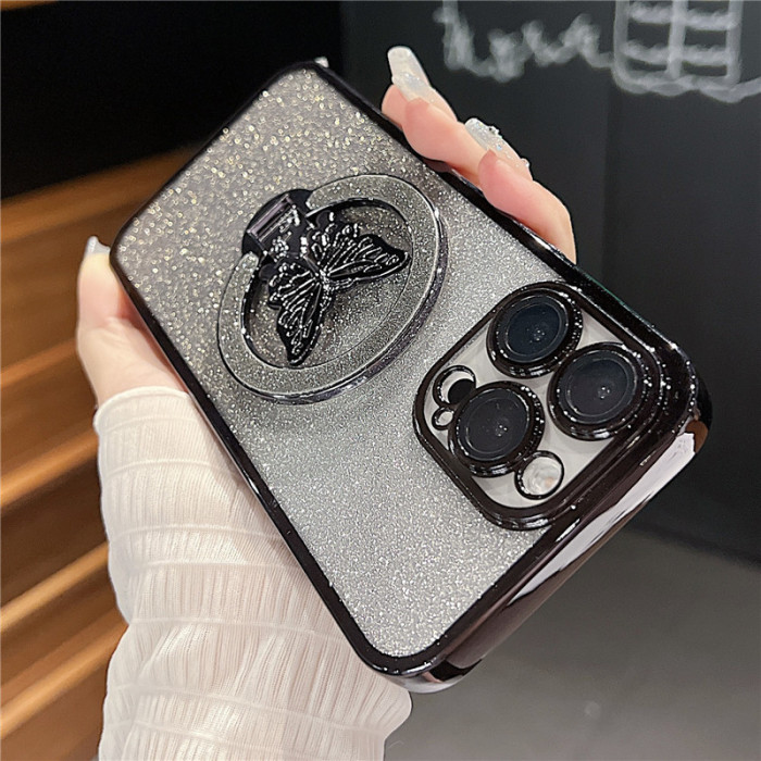 For iPhone 17 Air 17 16 Pro Max 15 14 13 12 11 XR XS Phone Cover Gradient Glitter Butterfly Bracket 