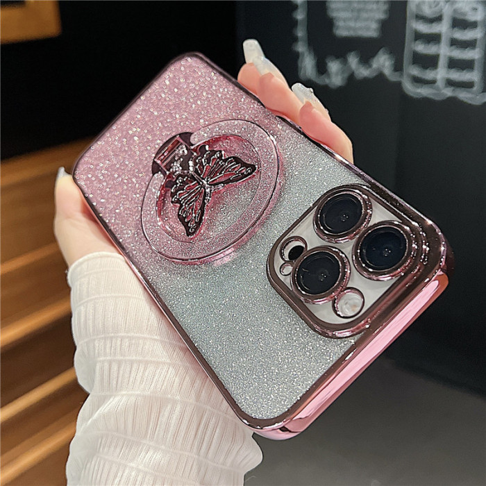 For iPhone 17 Air 17 16 Pro Max 15 14 13 12 11 XR XS Phone Cover Gradient Glitter Butterfly Bracket 