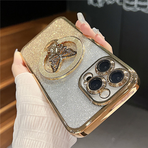 For iPhone 17 Air 17 16 Pro Max 15 14 13 12 11 XR XS Phone Cover Gradient Glitter Butterfly Bracket 