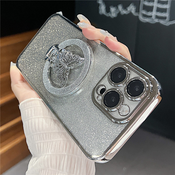 For iPhone 17 Air 17 16 Pro Max 15 14 13 12 11 XR XS Phone Cover Gradient Glitter Butterfly Bracket 