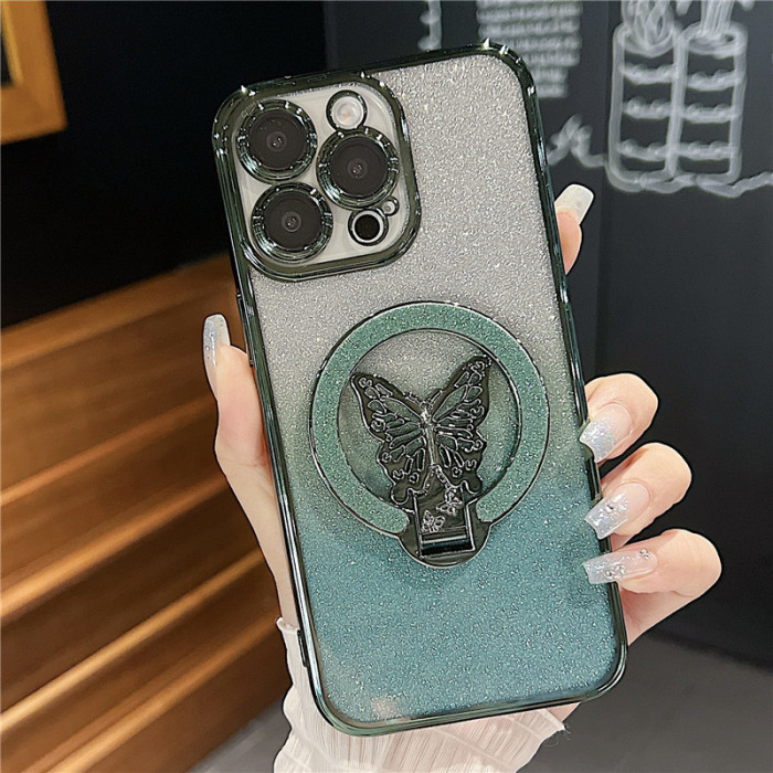 For iPhone 17 Air 17 16 Pro Max 15 14 13 12 11 XR XS Phone Cover Gradient Glitter Butterfly Bracket 