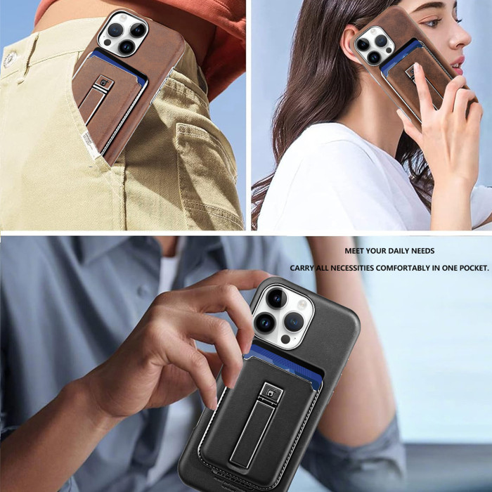 For iPhone 16 Pro Max 15 14 13 12 Phone Cover Card Magnetic Bracket 2in1 Leather Wallet