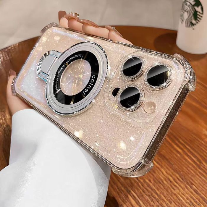 For iPhone 16 Pro Max 15 14 13 12 11 Phone Cover Magnetic Bracket Glitter Case