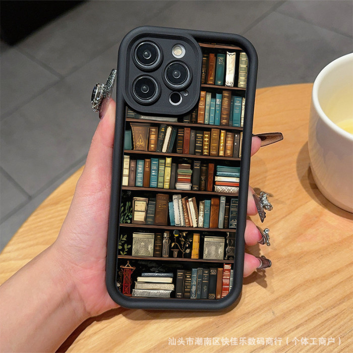 For iPhone 16 Pro Max 15 14 13 12 11 8 XR XS Phone Cover Bookshelf Pattern Case