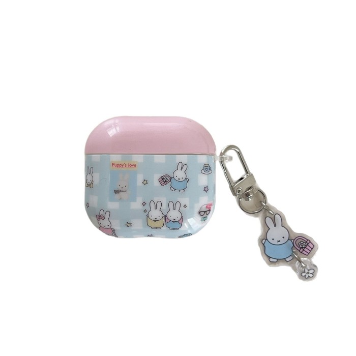 For Apple Wireless AirPods 4th Gen 1st/2nd Gen Pro 2 Girlish Style Blue-Pink Plaid Miffy Rabbit Protective Case