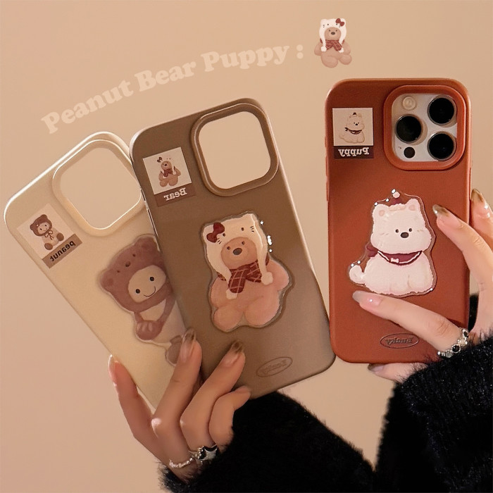 3D Cute Bear with Christmas Hat Phone Case for iPhone 11/12/13/14/15/16/17  Caramel Brown White