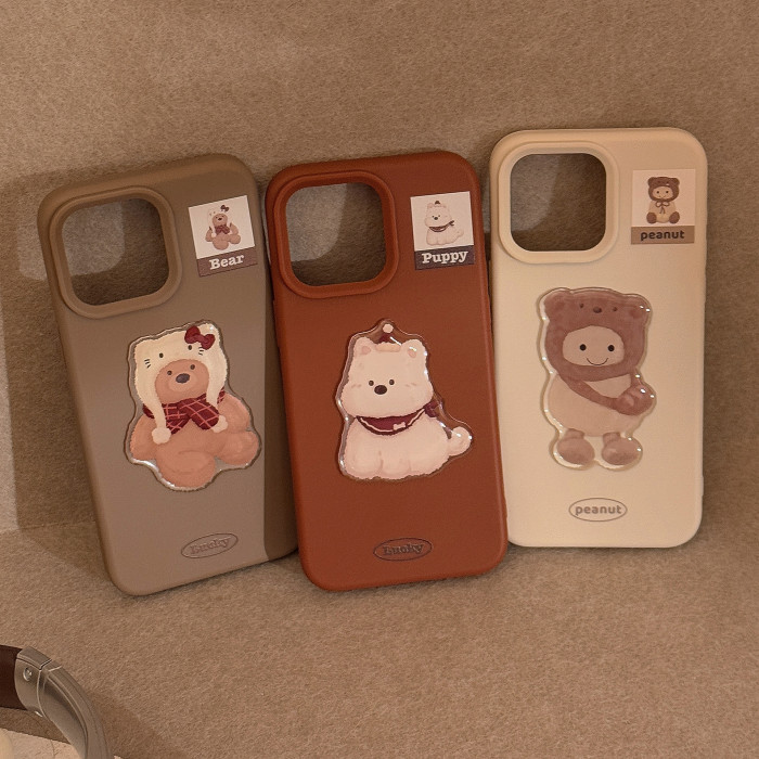 3D Cute Bear with Christmas Hat Phone Case for iPhone 11/12/13/14/15/16/17  Caramel Brown White