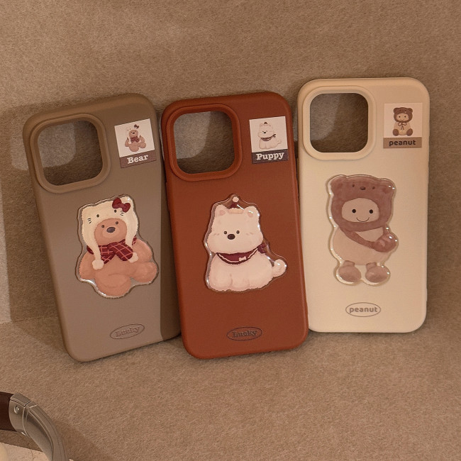 3D Cute Bear with Christmas Hat Phone Case for iPhone 11/12/13/14/15/16/17 Caramel Brown White