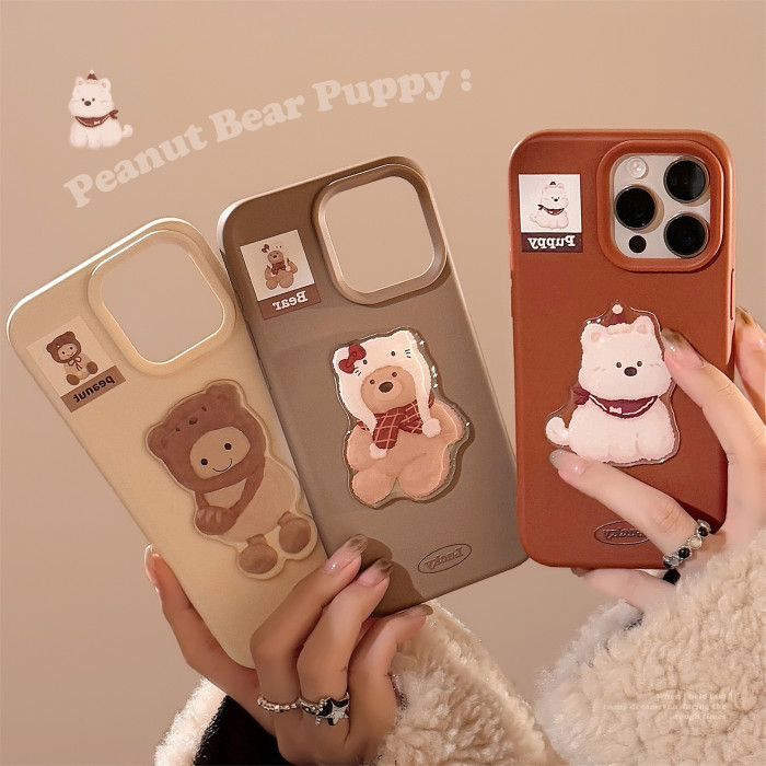 3D Cute Bear with Christmas Hat Phone Case for iPhone 11/12/13/14/15/16/17  Caramel Brown White