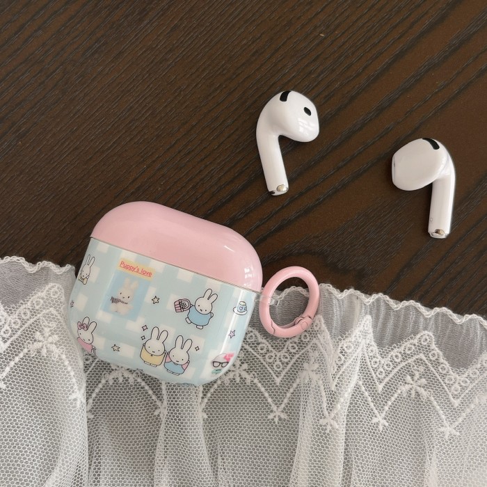 For Apple Wireless AirPods 4th Gen 1st/2nd Gen Pro 2 Girlish Style Blue-Pink Plaid Miffy Rabbit Protective Case