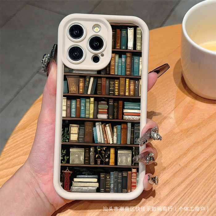 For iPhone 16 Pro Max 15 14 13 12 11 8 XR XS Phone Cover Bookshelf Pattern Case