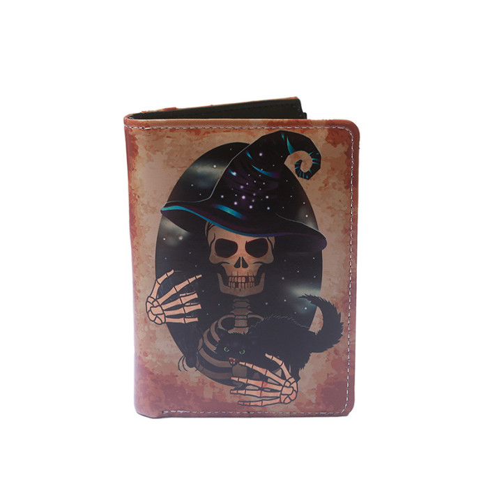 Genuine Leather Wallet Card Holder with Casual Versatile Trendy in Halloween Skull Cartoon