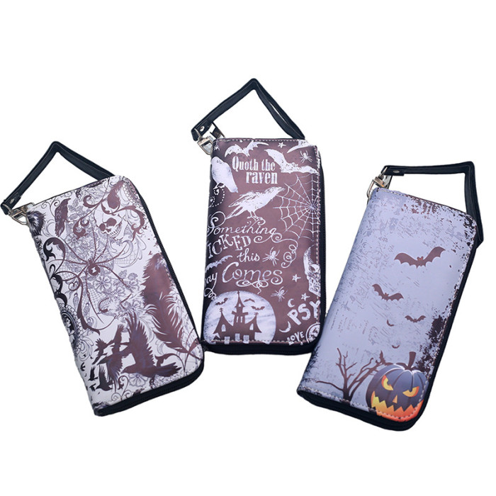 Genuine Leather Wallet Card Holder with Casual Versatile Trendy in Halloween Pumpkin Skull Ghost Bat Funny Print and Large Capacity