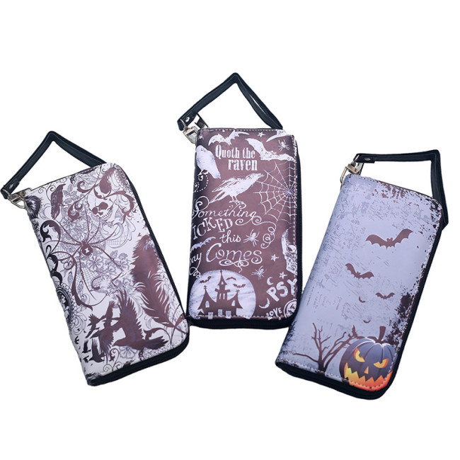 Genuine Leather Wallet Card Holder with Casual Versatile Trendy in Halloween Pumpkin Skull Ghost Bat Funny Print and Large Capacity