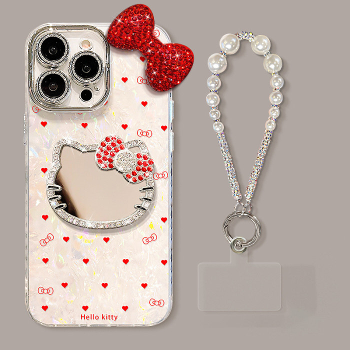 For iPhone 11/12/13/14 Pro/15/16 Phone Case Bowknot Doll Hello Kitty Mirror Bracelet Luxury