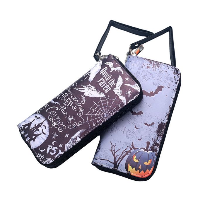 Genuine Leather Wallet Card Holder with Casual Versatile Trendy in Halloween Pumpkin Skull Ghost Bat Funny Print and Large Capacity