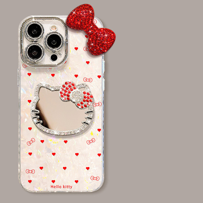 For iPhone 11/12/13/14 Pro/15/16 Phone Case Bowknot Doll Hello Kitty Mirror Bracelet Luxury