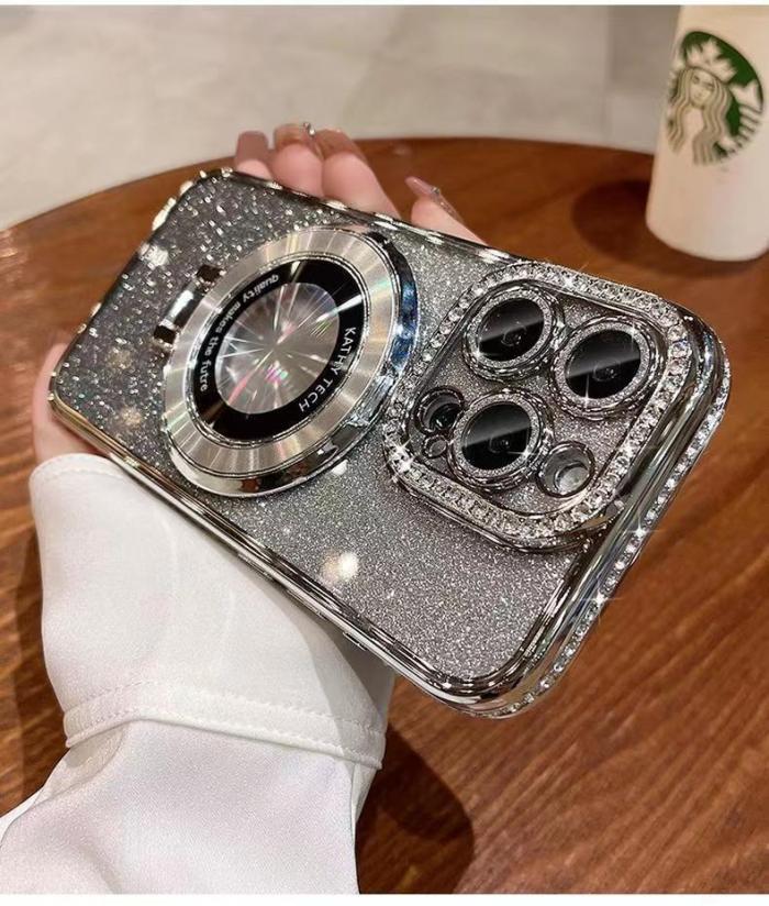 For iPhone 16 Pro Max 15 14 13 Glitter Clear Bracket Phone Case  Fashion Case
