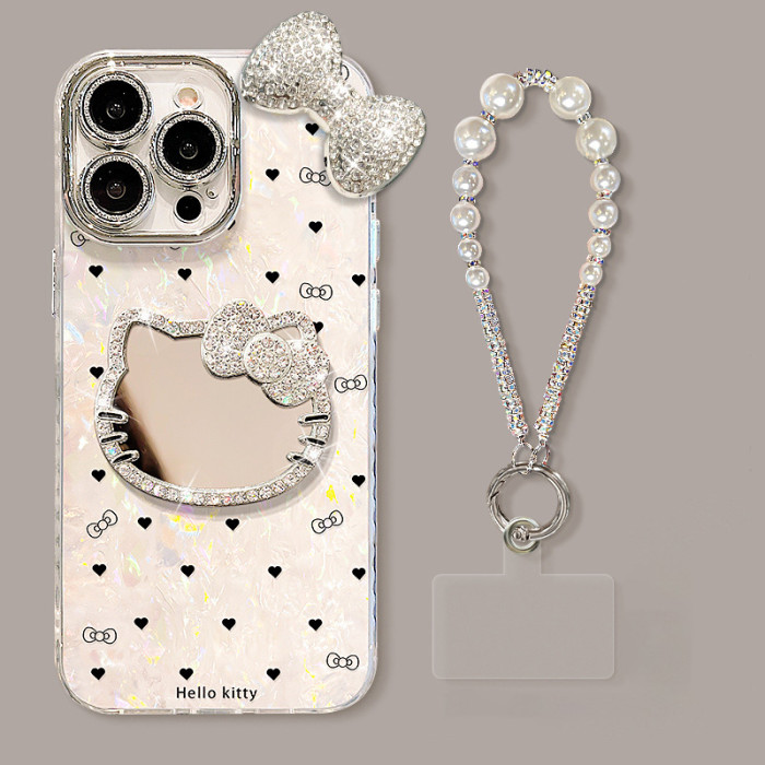 For iPhone 11/12/13/14 Pro/15/16 Phone Case Bowknot Doll Hello Kitty Mirror Bracelet Luxury
