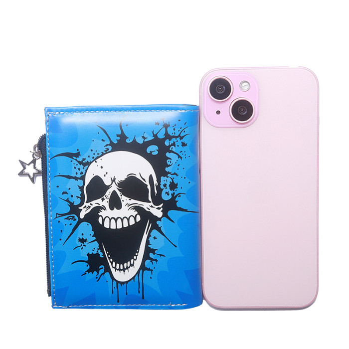 Genuine Leather Wallet Card Holder with Casual Versatile Trendy in Halloween Skull Cartoon