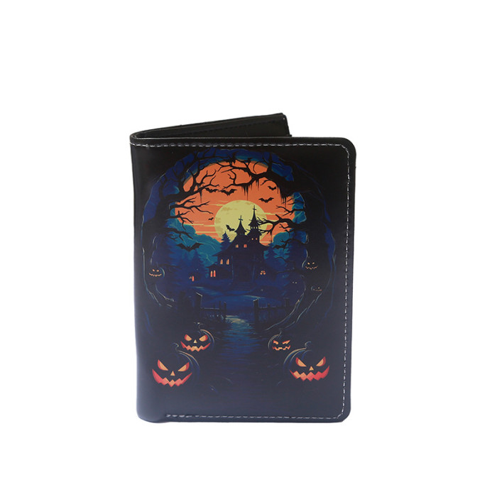 Genuine Leather Wallet Card Holder with Casual Versatile Trendy in Halloween Skull Cartoon