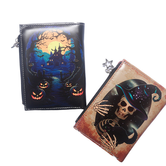 Genuine Leather Wallet Card Holder with Casual Versatile Trendy in Halloween Skull Cartoon
