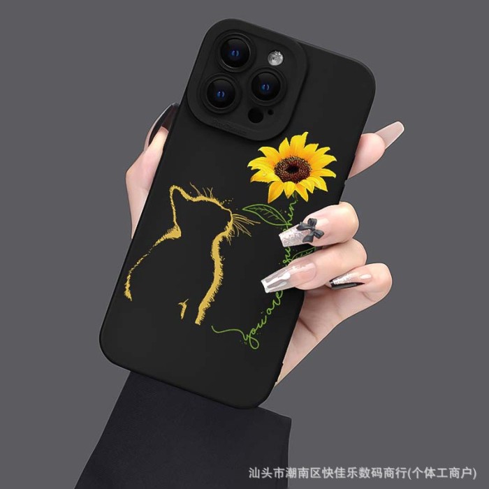 For iPhone 16 Pro Max 15 14 13 12 11 8 7 XR XS Phone Case Cover Cat Sunflower