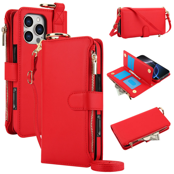 For iPhone 17 Air 17 16 15 14 Plus 13 12 11 Pro Max Zipper Bag Leather  Wallet Phone case