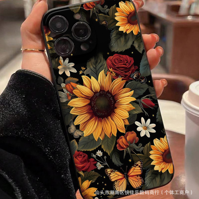 For iPhone 16 Pro Max 15 14 13 12 11 XR XS Phone Case Sunflower Shockproof Cover
