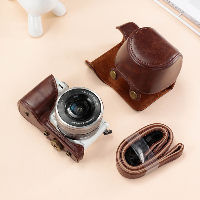 For Sony NEX-5T NEX-5R (16-50 Lens) Camera Bag Leather Protective Case Black Coffee