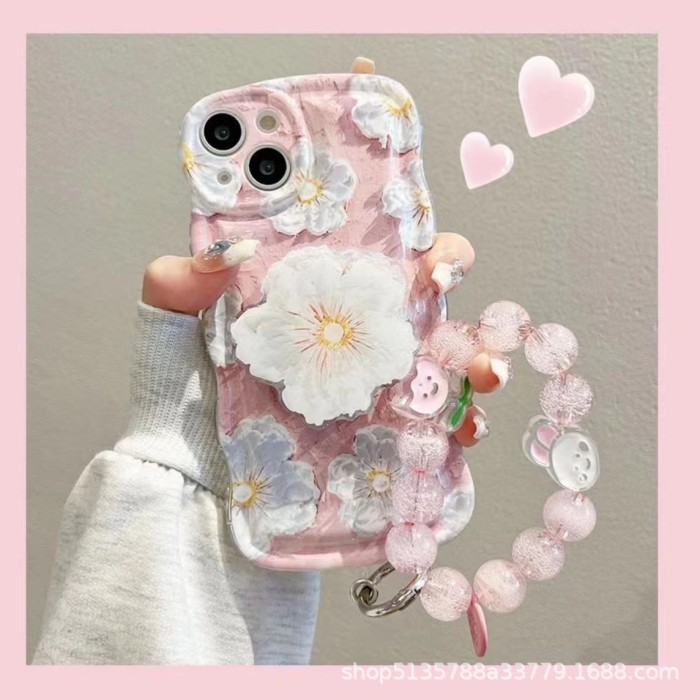 For iPhone 16 Pro Max 15 14 13 12 11 8 XR XS Shockproof Flower Bracket Phone Bracelet Case 