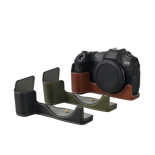 For Canon R8 Lychee Pattern PU Magnetic Base Coffee Green  Black