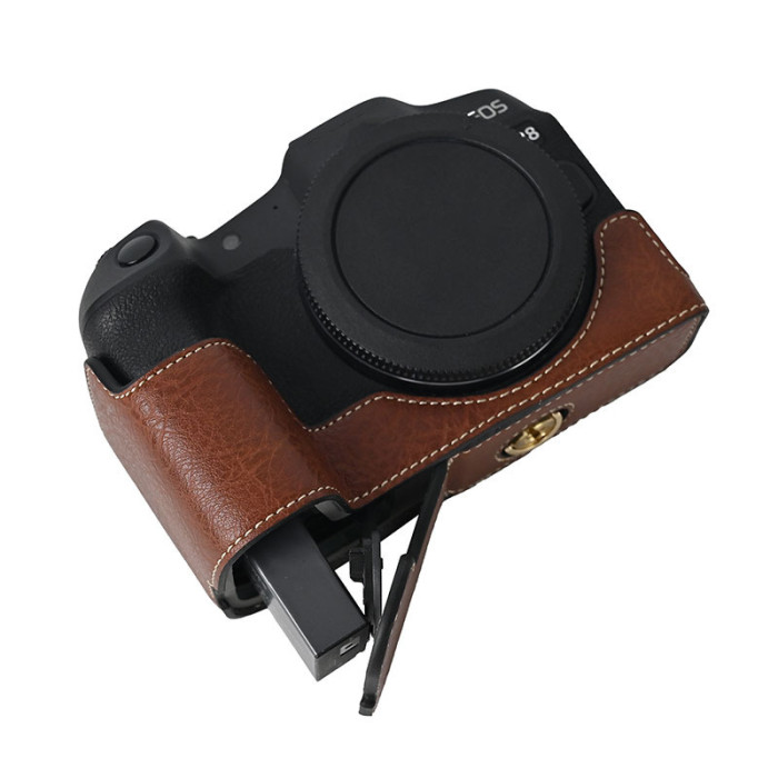 For Canon R8 Lychee Pattern PU Magnetic Base Coffee Green  Black