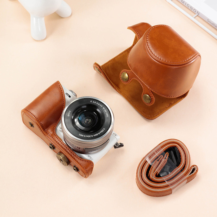 For Sony NEX-5T NEX-5R (16-50 Lens) Camera Bag Leather Protective Case Black Coffee